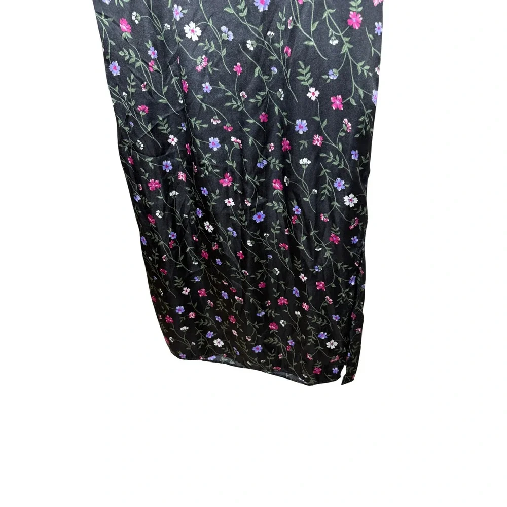 Vintage Fashion Bug Floral Satin Midi Skirt Black Pink Purple Plus 14W/16W USA